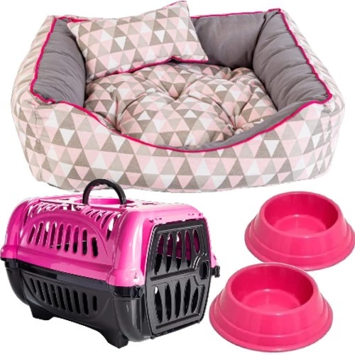 Kit Cama + Comedouro + Bebedouro + Caixa Para Transporte Viagem Cachorro E Gato P-image