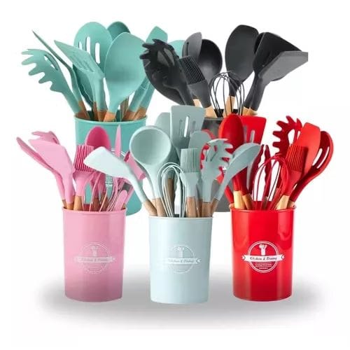 Kit 5/12 Jogo de Cozinha Silicone, Utensílios Suporte para Cozinheiro Cabo de Madeira MasterChef-image