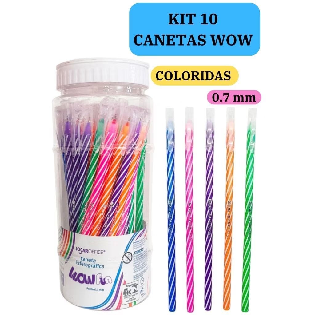 Kit 10 Canetas Esferográficas Wow 0.7mm Coloridas Branco Escolar Escritório-image