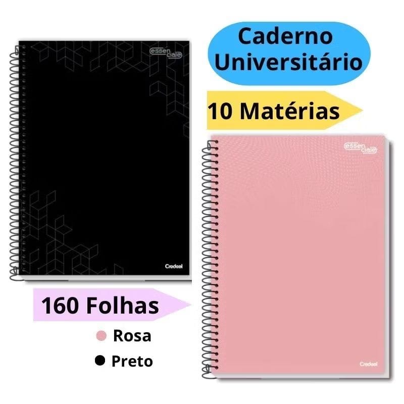 Kit 2 Cadernos Universitários Capa Dura 10 Matérias Com 160 Folhas Preto e Rosa Escolar Credeal-image