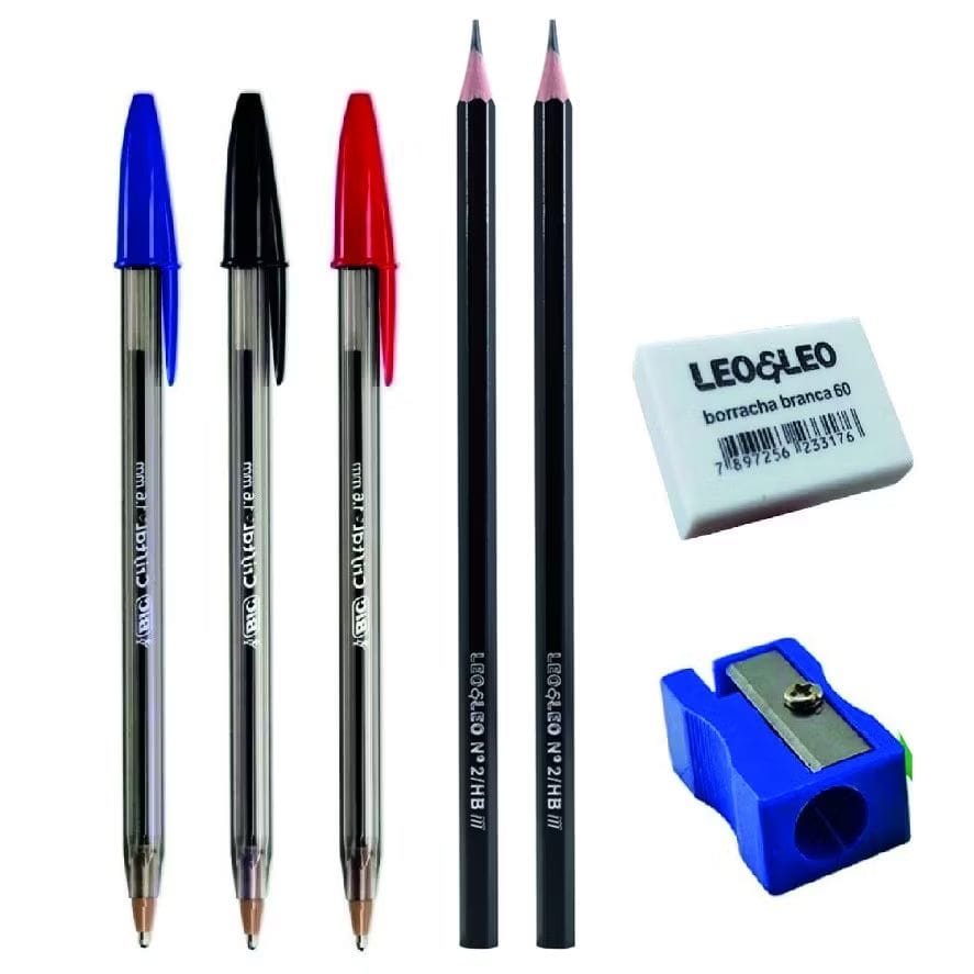 Kit Escolar: 1 Caneta Bic Azul + 1 Preta + 1 Vermelha + 2 Lápis Preto + 1 Borracha+ 1 Apontador-image