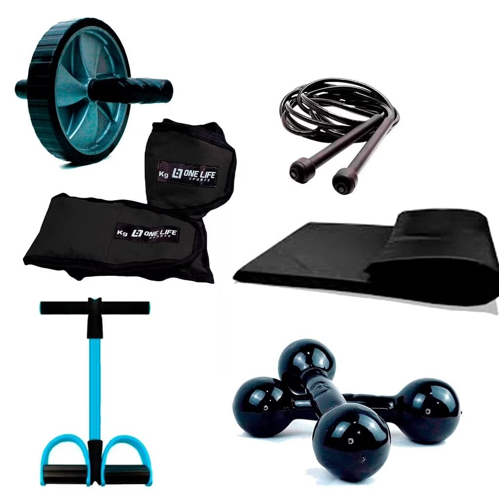 Kit Funcional Completo: Caneleira de 3kg + halter de 1kg + colchonete + Roda + Extensor + Corda-image