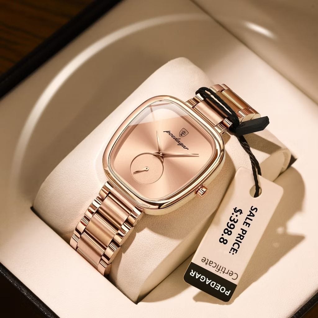 Relógio Feminino De Luxo Em Ouro Rosa De Aço Inoxidável À Prova D'água Relógio De Pulso + Caixa-image